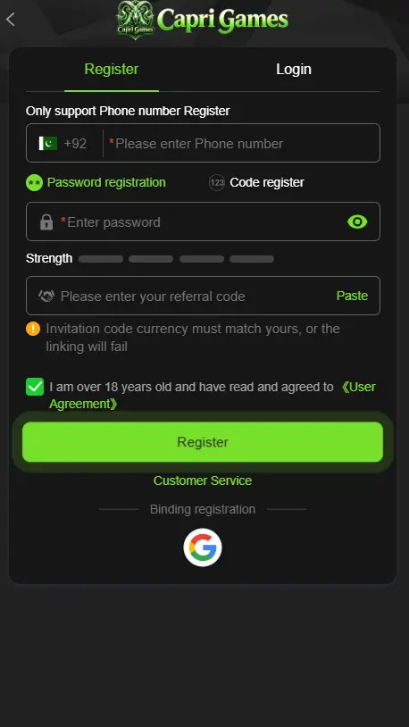 Capri Game Login and Registration