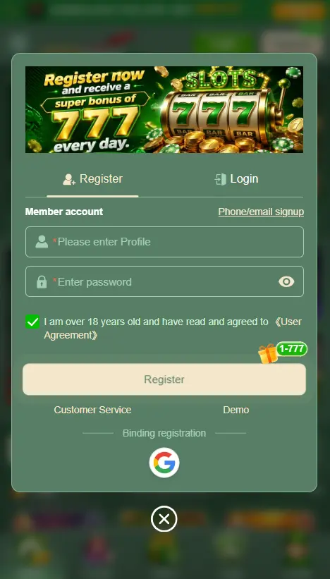 Create an account 777stake game